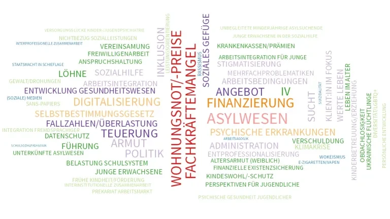 Trendthemen aus dem Sozialwesen, Umfrage 2023. © Zürich Sozial Trendthemen aus dem Sozialwesen, Umfrage 2023. © Zürich Sozial